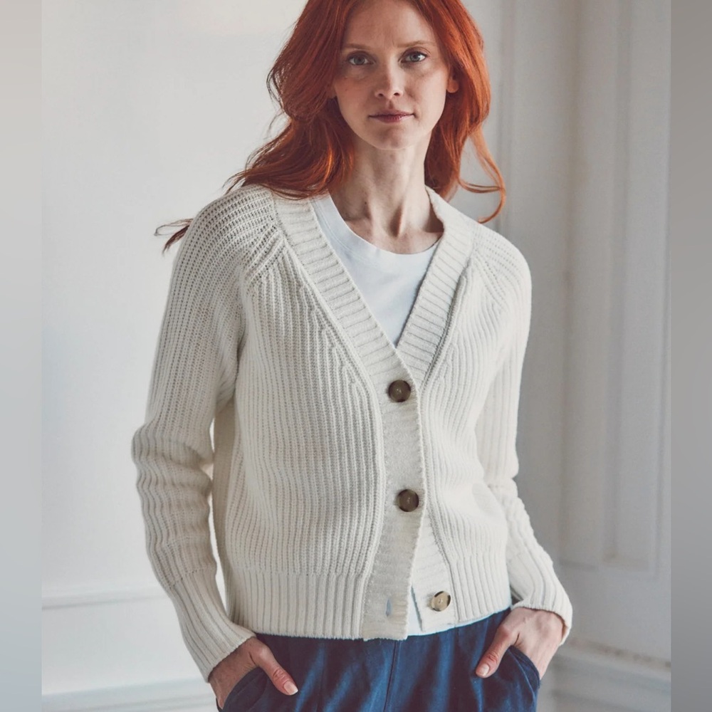 LEALLO Maria Cotton Creamy White Ribbed Knit Chunky Cozy Cardigan Sweater XS